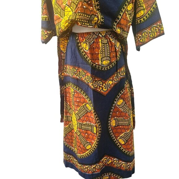 Handmade Y2K African 2-Pc Set Women Sz M/L Embroidery Ankara Tunic + Midi Skirt - Picture 6 of 9